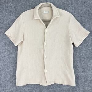 Sandro Paris Shirt Mens Medium Cream Waffle Knit Button Up Short Sleeve Minimal